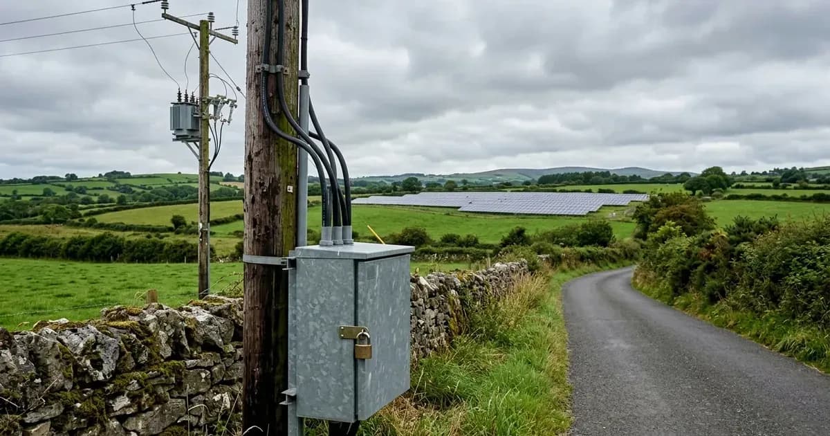 Grid connection terminal pole and metering cabinet near an Irish solar farm. — SolarNevs spec card