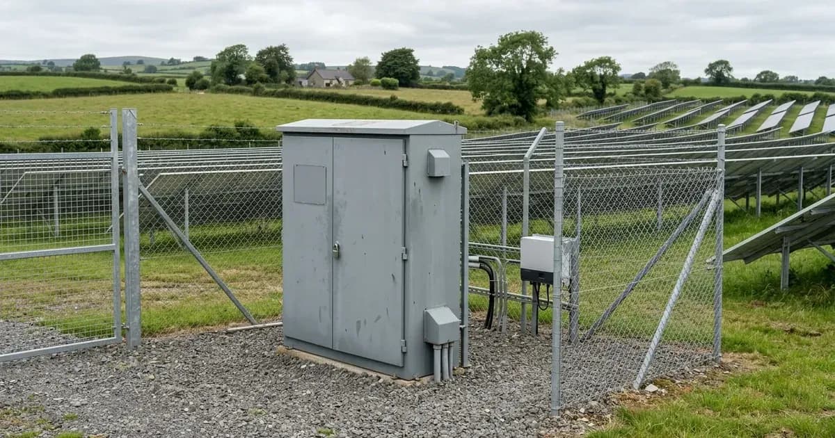 Export metering kiosk and solar panels at an Irish renewable energy facility. — SolarNevs spec card