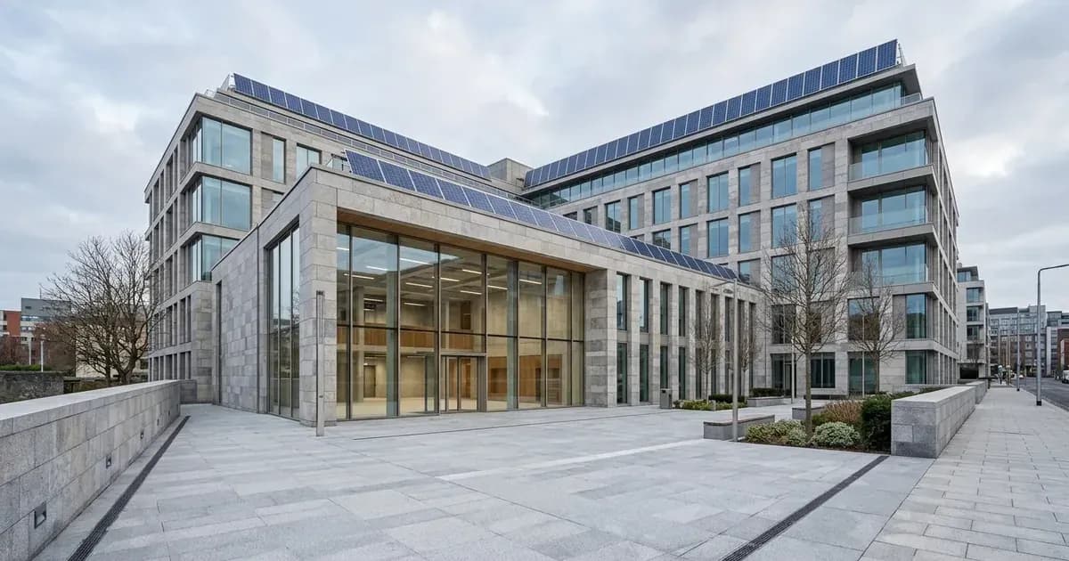 Modern Irish public administrative building with rooftop solar panels. — SolarNevs spec card