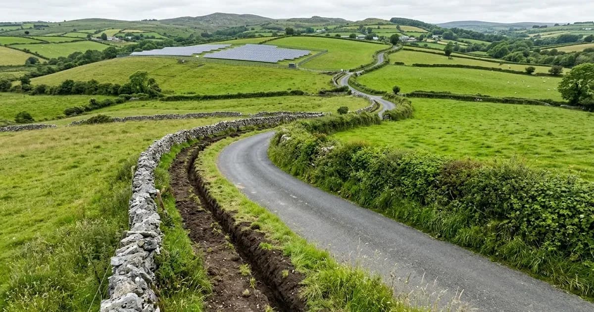 Rural Irish road with an underground cable trench along stone walls leading toward a solar farm. — SolarNevs spec card