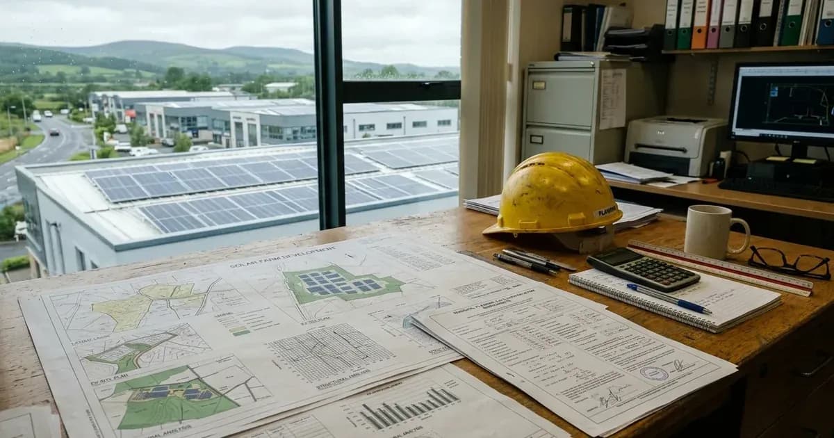 Irish municipal planning desk with site maps and documents overlooking commercial rooftop solar arrays. — SolarNevs spec card
