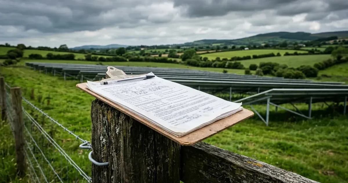 Planning inspection clipboard on a rural fence post overlooking an Irish ground-mounted solar farm. — SolarNevs spec card