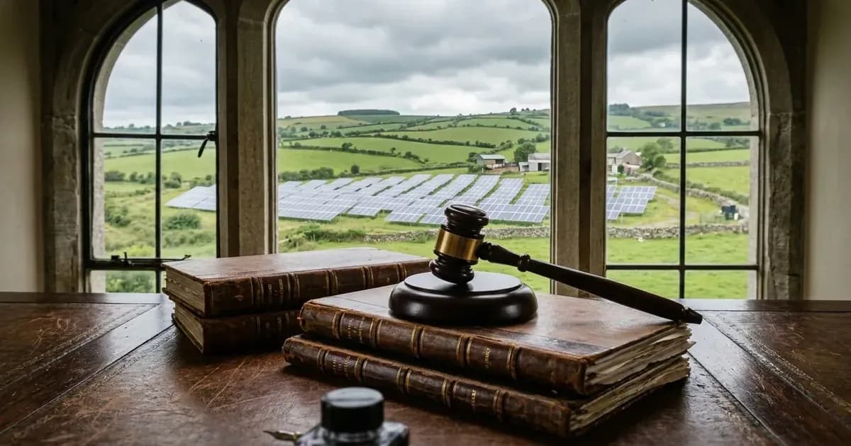 Judge gavel and legal volumes on a desk with a window view of an Irish rural solar farm. — SolarNevs spec card