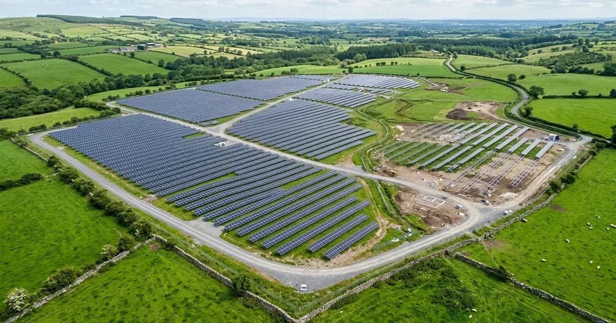 Aerial photograph of a commercial solar farm development across green fields in rural Ireland. — SolarNevs spec card