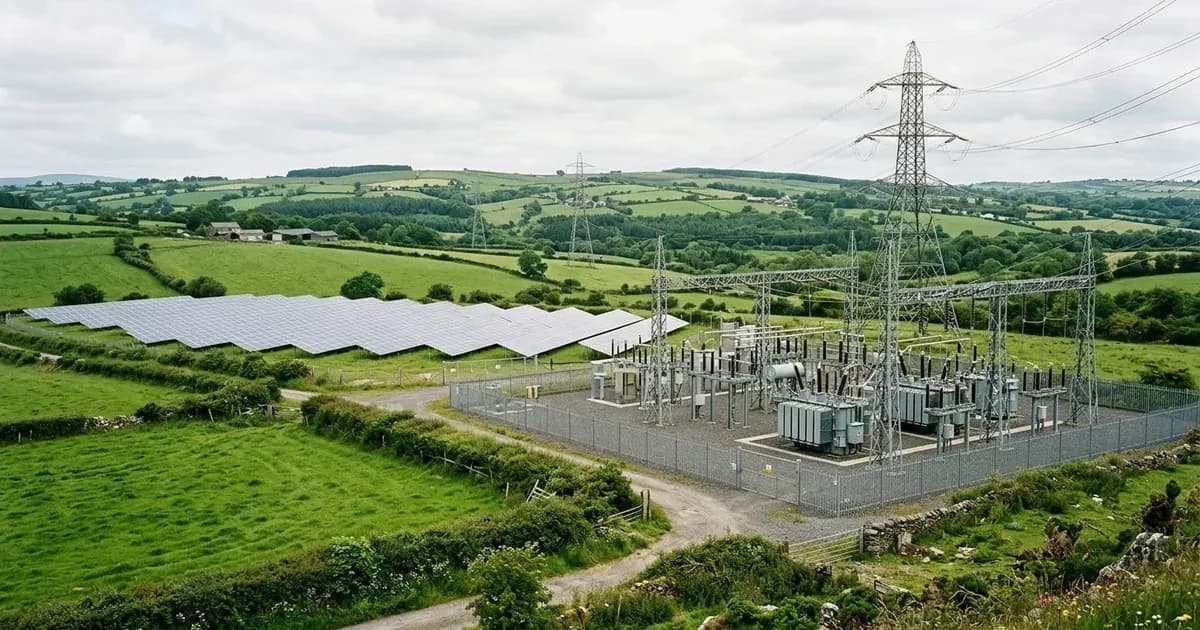 Electrical substation with high-voltage pylon and ground-mounted solar farm in rural Ireland. — SolarNevs spec card