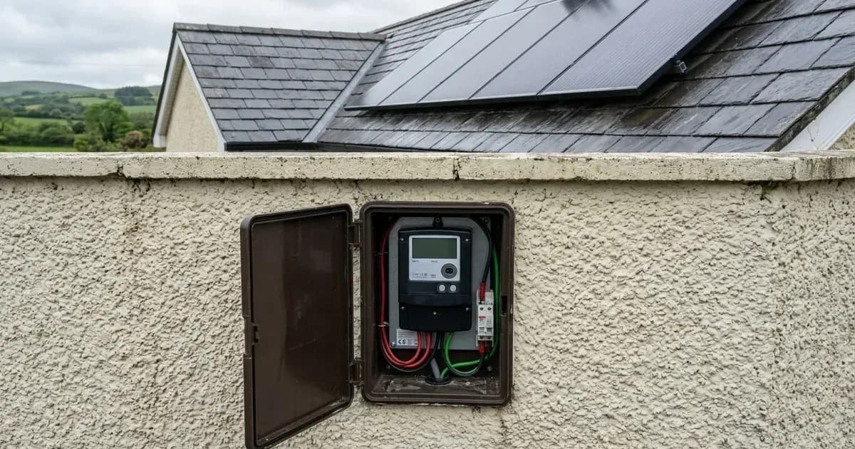 Outdoor electricity meter box mounted below a slate roof with solar panels on an Irish home. — SolarNevs spec card