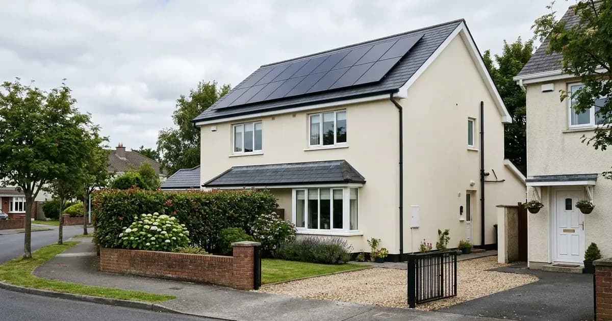 Rooftop solar photovoltaic panels installed on a residential house in an Irish suburban neighborhood. — SolarNevs spec card
