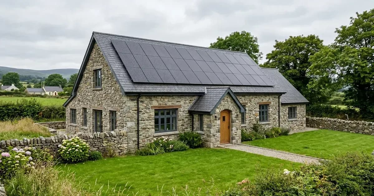 Solar photovoltaic panels installed on the slate roof of a stone community hall in rural Ireland. — SolarNevs spec card