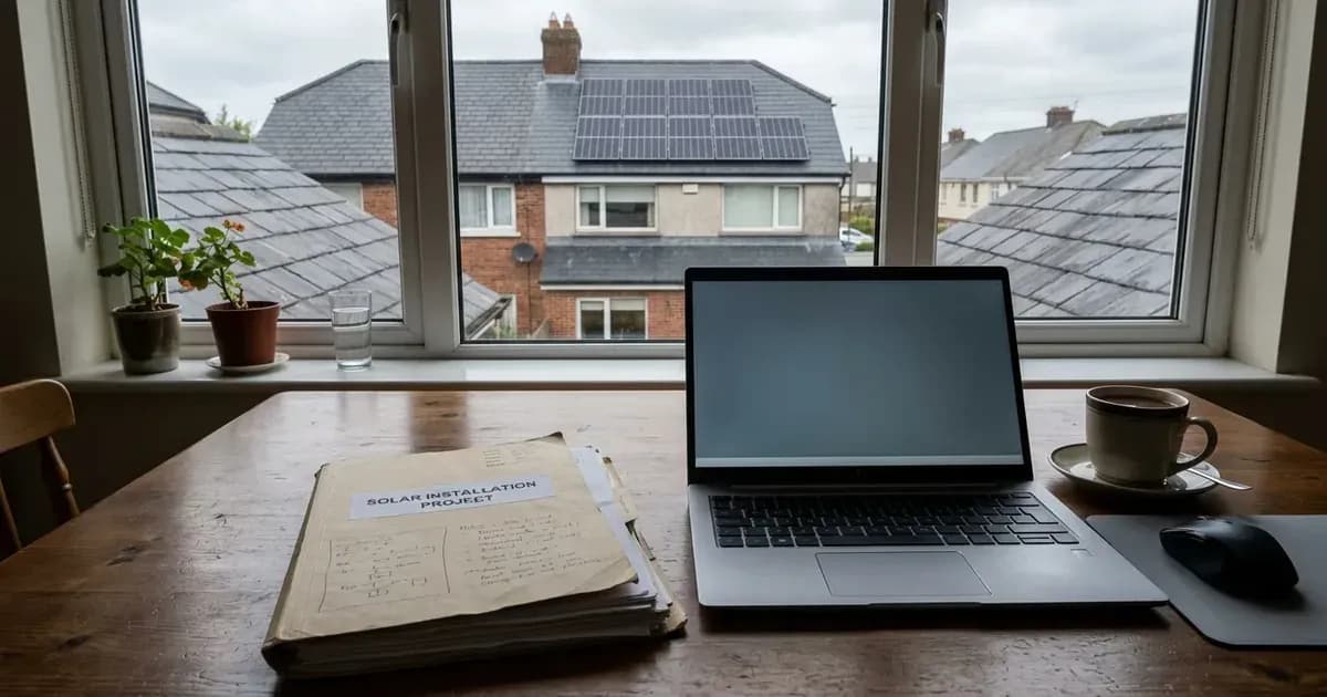 Quotation folder and laptop on kitchen table with Irish residential rooftop solar panels visible through the window. — SolarNevs spec card