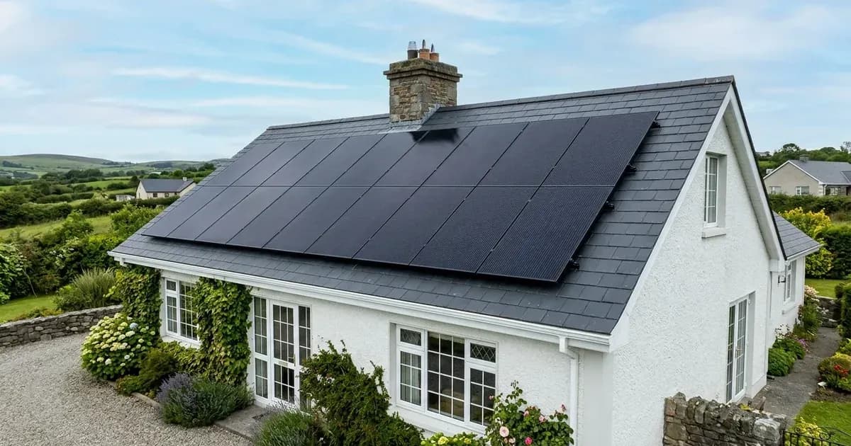 Black solar panels installed on the dark slate roof of a white Irish residential cottage. — SolarNevs spec card