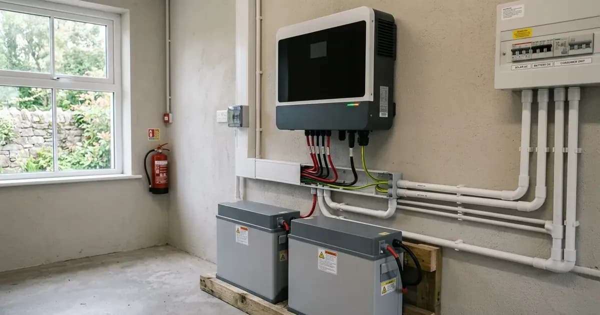 Wall-mounted hybrid solar inverter with battery units and conduit trunking in a domestic utility room. — SolarNevs spec card