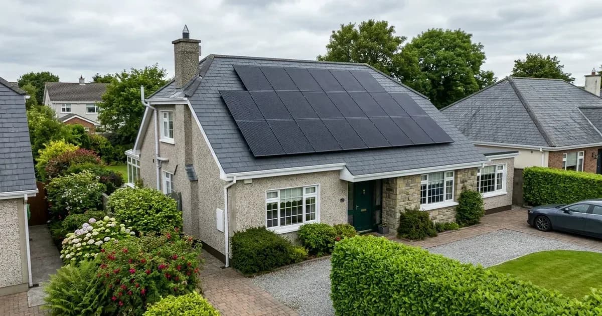 Residential solar panel installation on the slate roof of an Irish detached suburban house and garden. — SolarNevs spec card