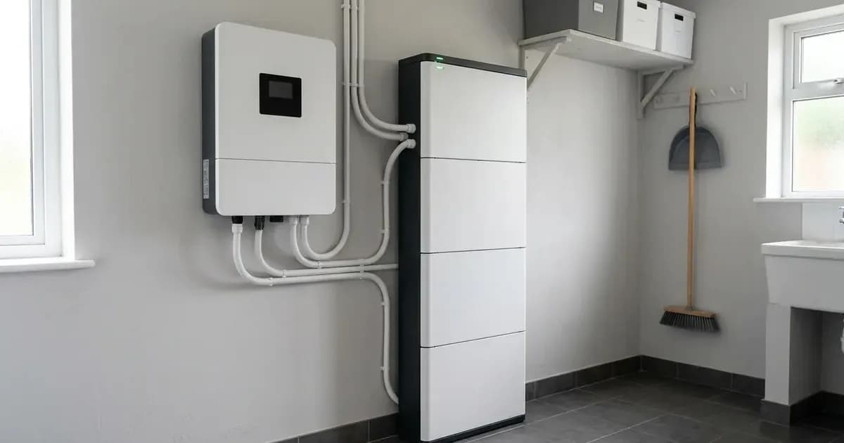 Floor-standing modular home battery storage unit paired with a wall inverter in a tidy domestic utility room. — SolarNevs spec card