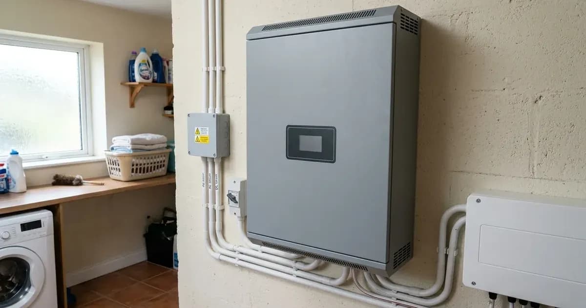 Wall-mounted home solar battery unit installed in a residential laundry utility room. — SolarNevs spec card