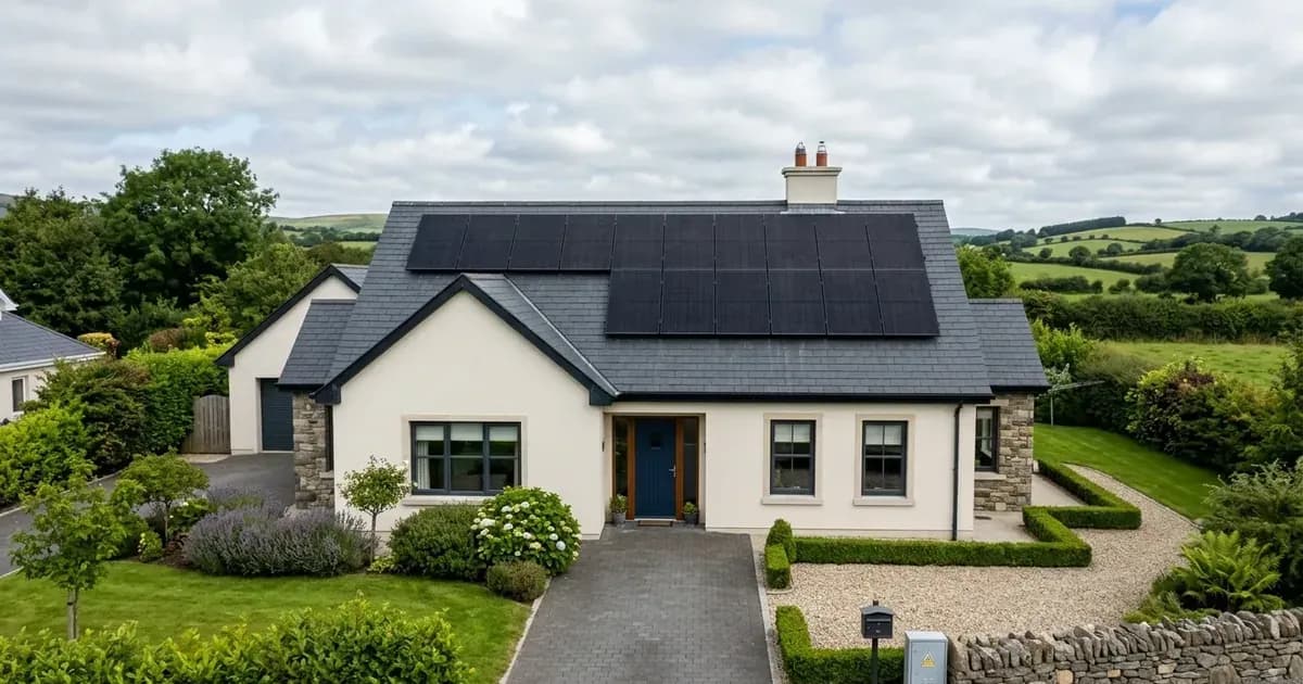 Residential rooftop solar PV system installed on an Irish home with garden and driveway. — SolarNevs spec card