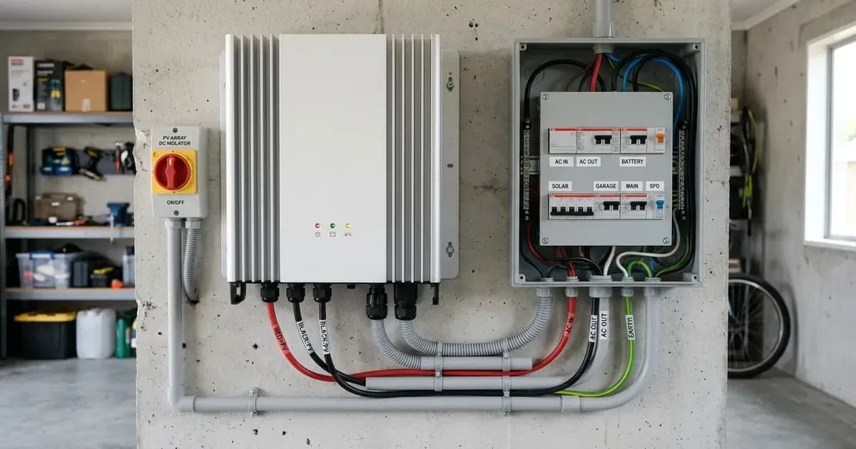 Wall-mounted solar inverter with DC isolator switch and electrical sub-panel in a residential garage. — SolarNevs spec card