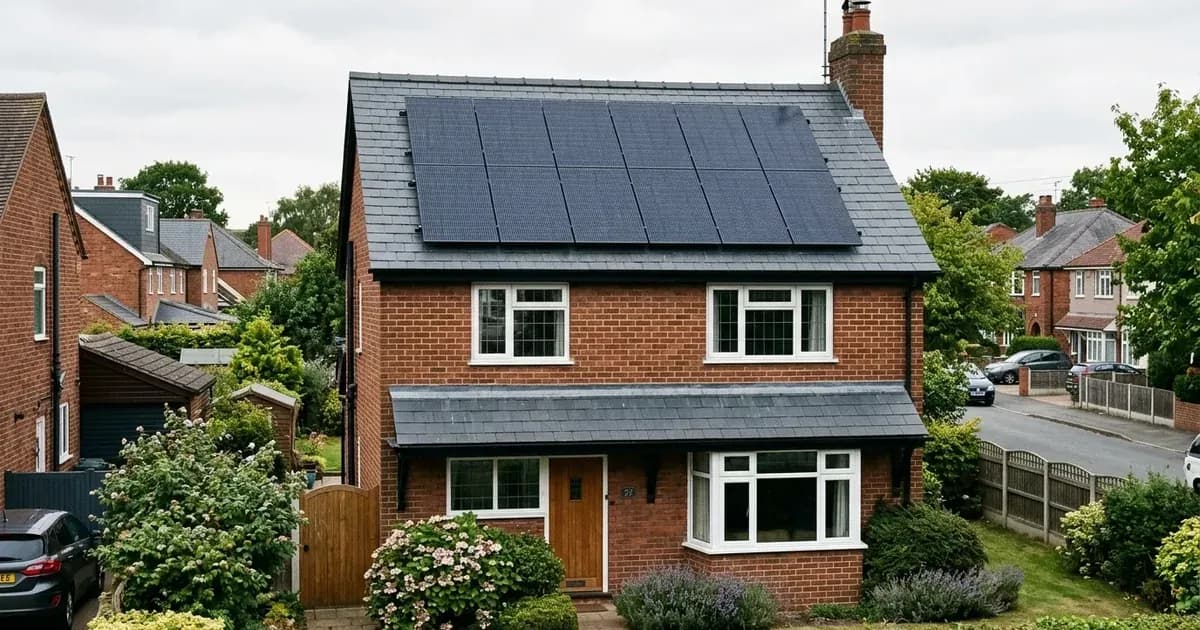 Modern solar panels fitted to the pitched slate roof of a British residential home under overcast skies. — SolarNevs spec card