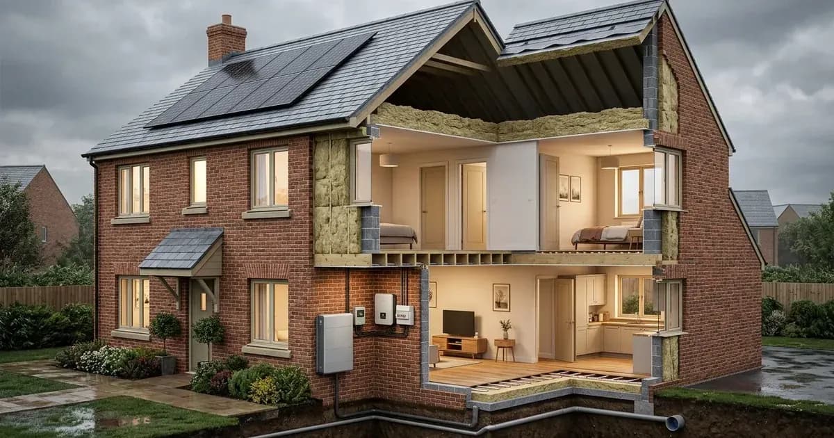 Architectural cutaway of a British home showing loft insulation, cavity wall insulation, solar panels and battery. — SolarNevs spec card