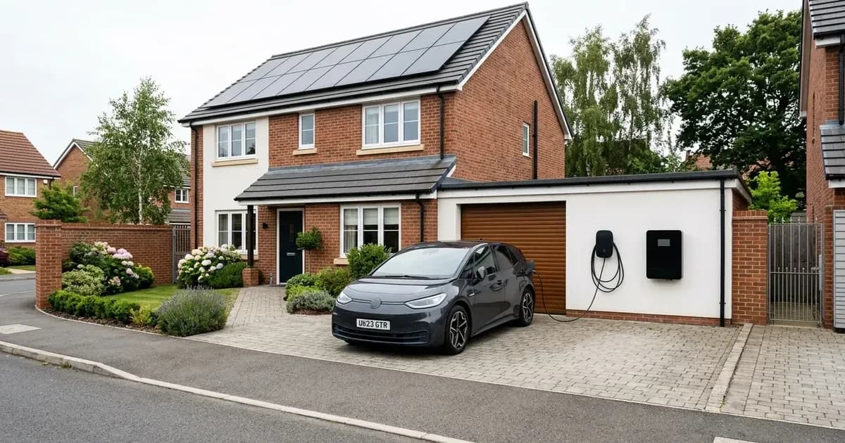 EV charger and home battery storage unit installed in a garage alongside residential solar panels. — SolarNevs spec card