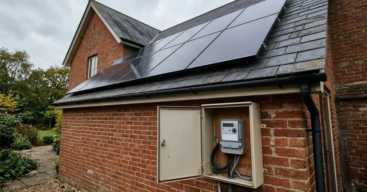 Outdoor electricity meter cabinet mounted on an exterior wall beneath rooftop solar panels in the UK. — SolarNevs spec card