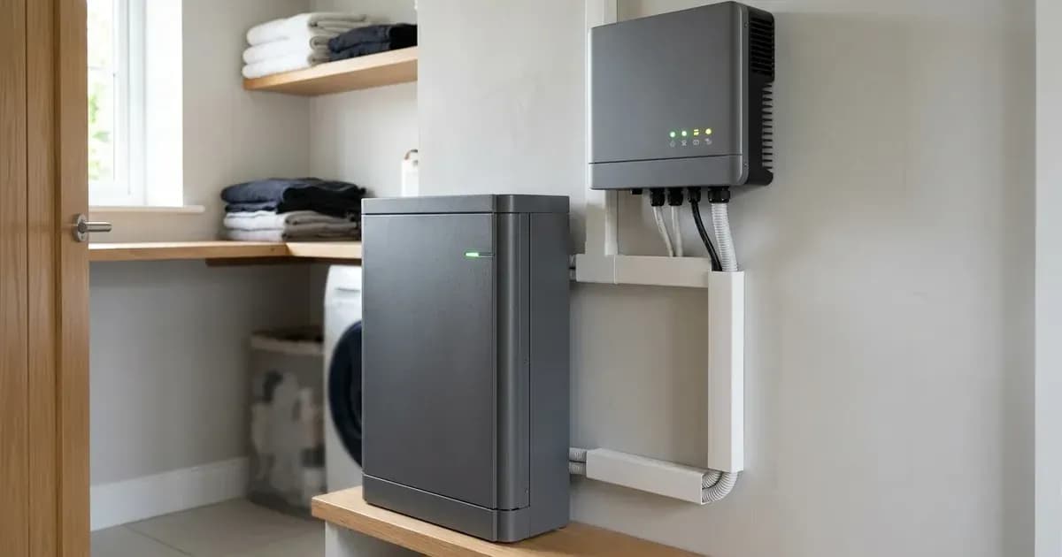 Residential lithium battery storage unit and hybrid inverter mounted on a wall in a clean UK utility room. — SolarNevs spec card
