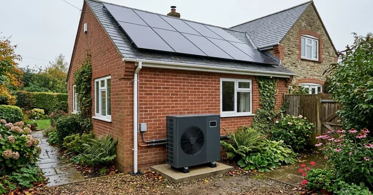 Residential air-source heat pump and rooftop solar PV panels installed at a British brick home. — SolarNevs spec card