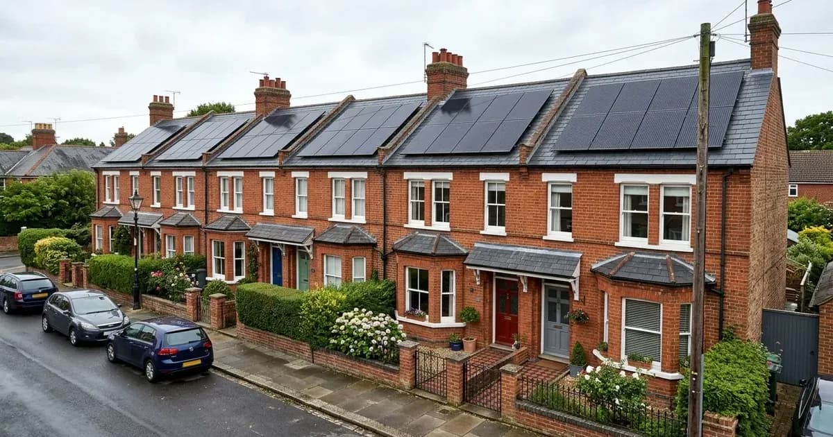 Row of traditional British terraced brick homes with newly installed rooftop solar panel systems. — SolarNevs spec card