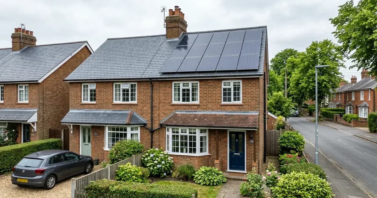 Rooftop solar panels installed on a British semi-detached brick home under overcast skies. — SolarNevs spec card