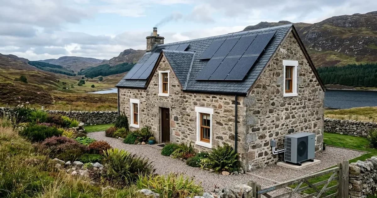 Rooftop solar panels and an outdoor heat pump on a stone cottage in rural Scotland. — SolarNevs spec card