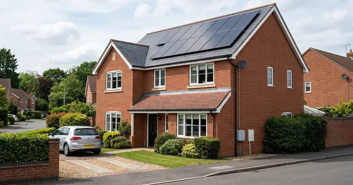 Solar photovoltaic array on a detached British suburban brick home with an exterior junction box. — SolarNevs spec card