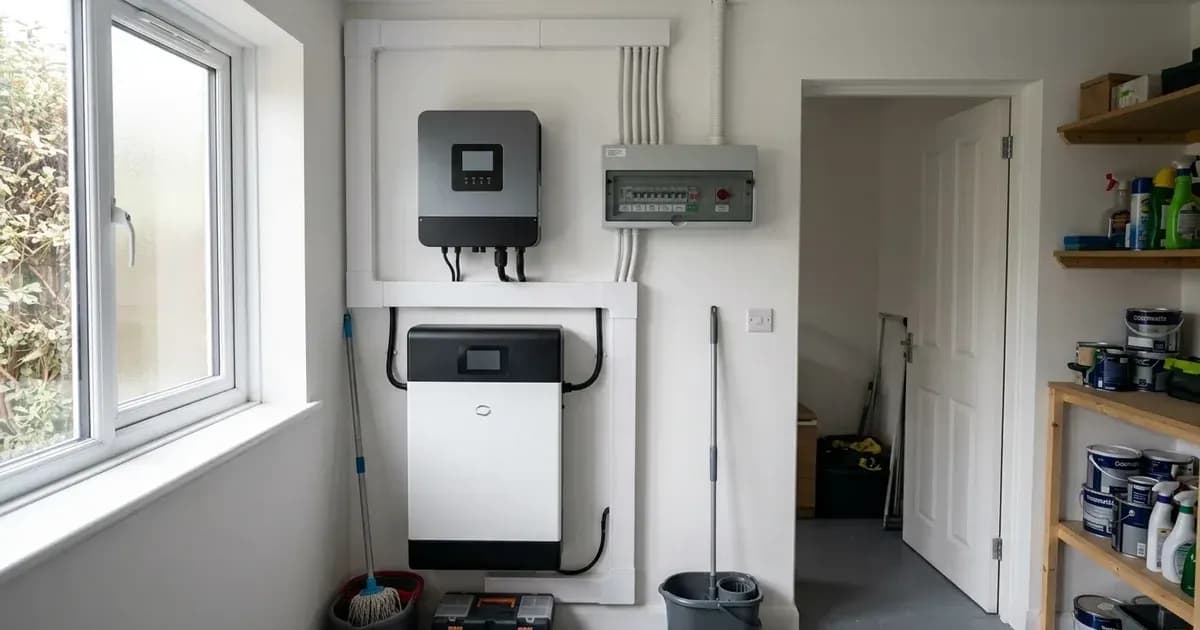 Wall-mounted solar battery storage system and hybrid inverter installed in a British home utility room. — SolarNevs spec card