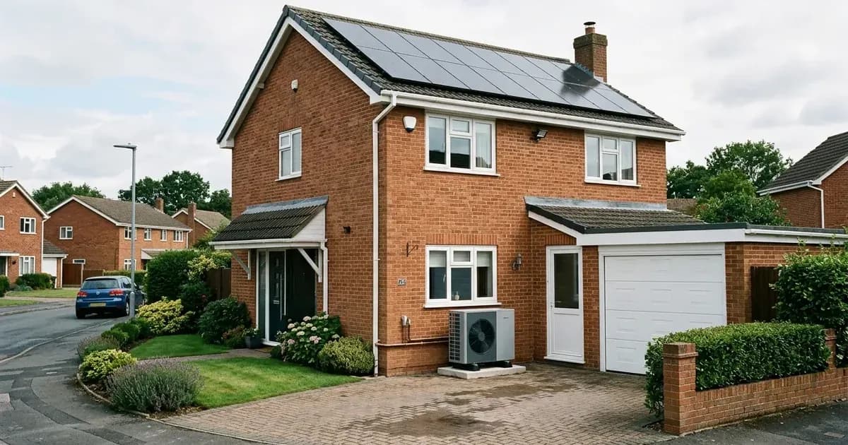 Rooftop solar panels and an outdoor air-source heat pump installed at a British detached brick home. — SolarNevs spec card