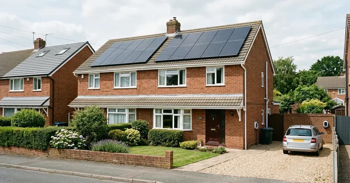 Rooftop solar photovoltaic array on a British semi-detached family home with pitched tile roof. — SolarNevs spec card