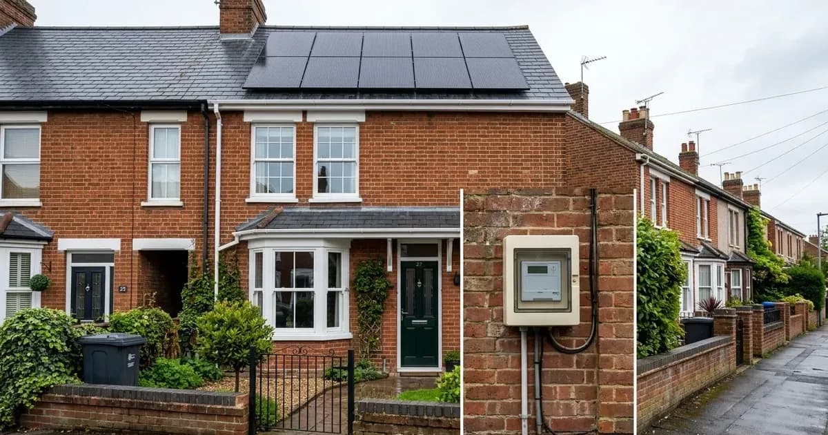Rooftop solar panels on a Victorian terraced brick house with an exterior export meter cabinet. — SolarNevs spec card