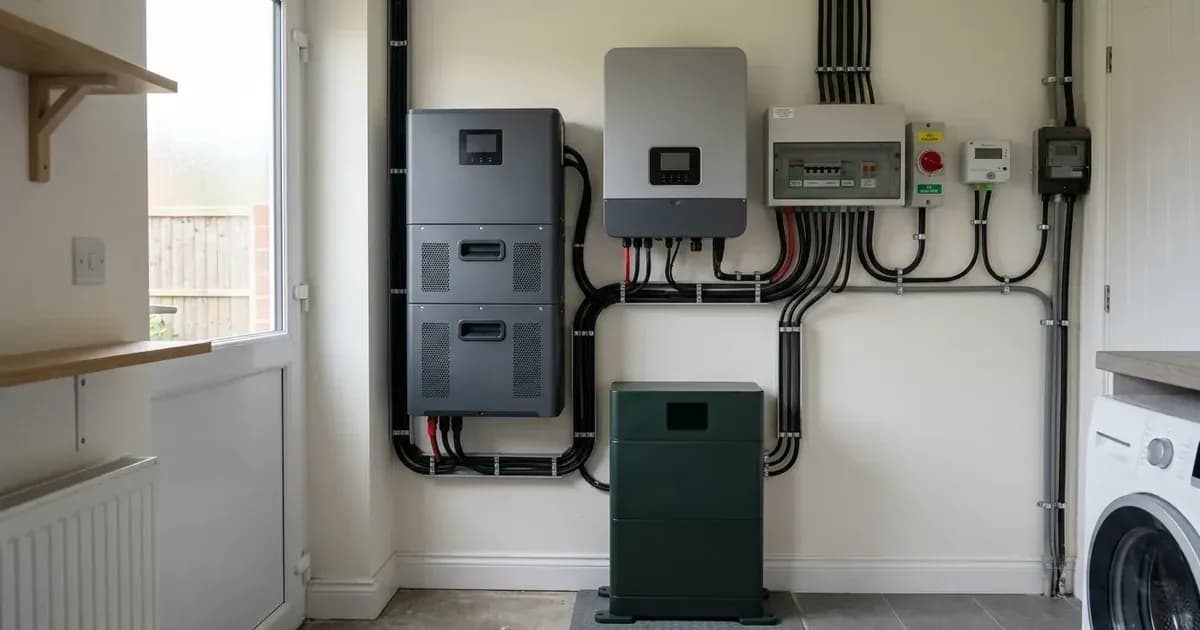 Domestic lithium battery storage system and hybrid solar inverter installed in a British home utility room. — SolarNevs spec card