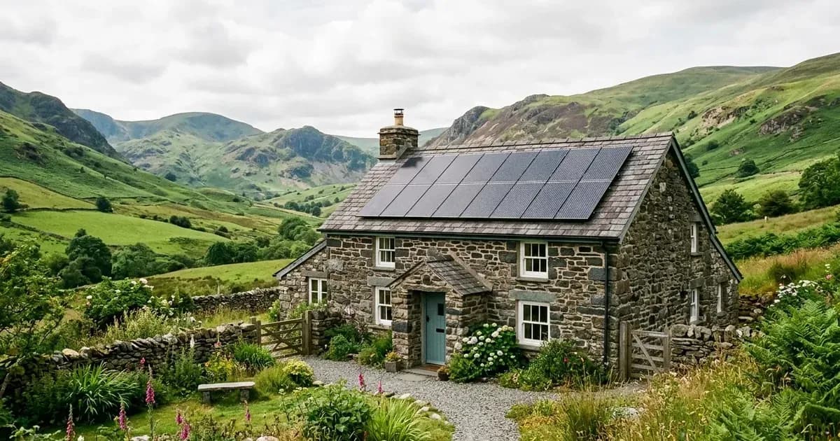 Rooftop solar panels on a traditional Welsh stone cottage with slate roof in a rural landscape. — SolarNevs spec card