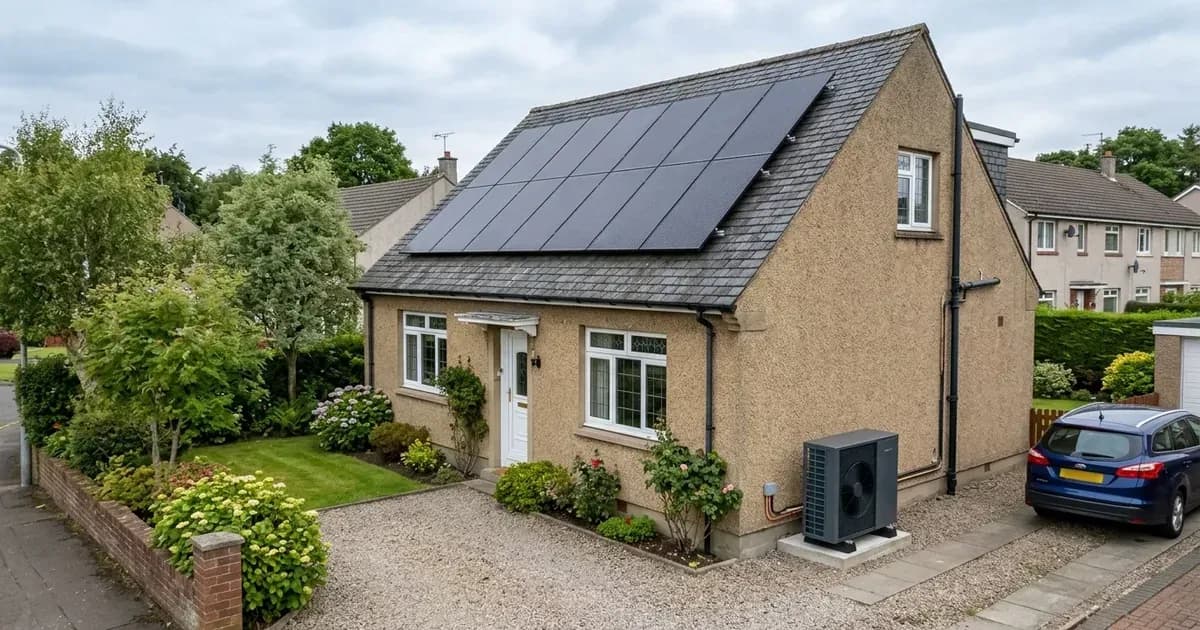 Rooftop solar panels and an outdoor heat pump on a Scottish roughcast home under diffuse skies. — SolarNevs spec card