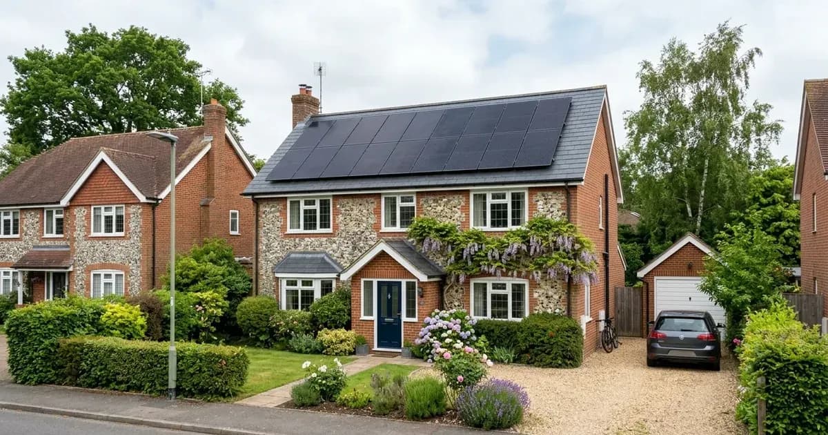 Rooftop solar photovoltaic panels installed on an English country home with slate roof tiles. — SolarNevs spec card