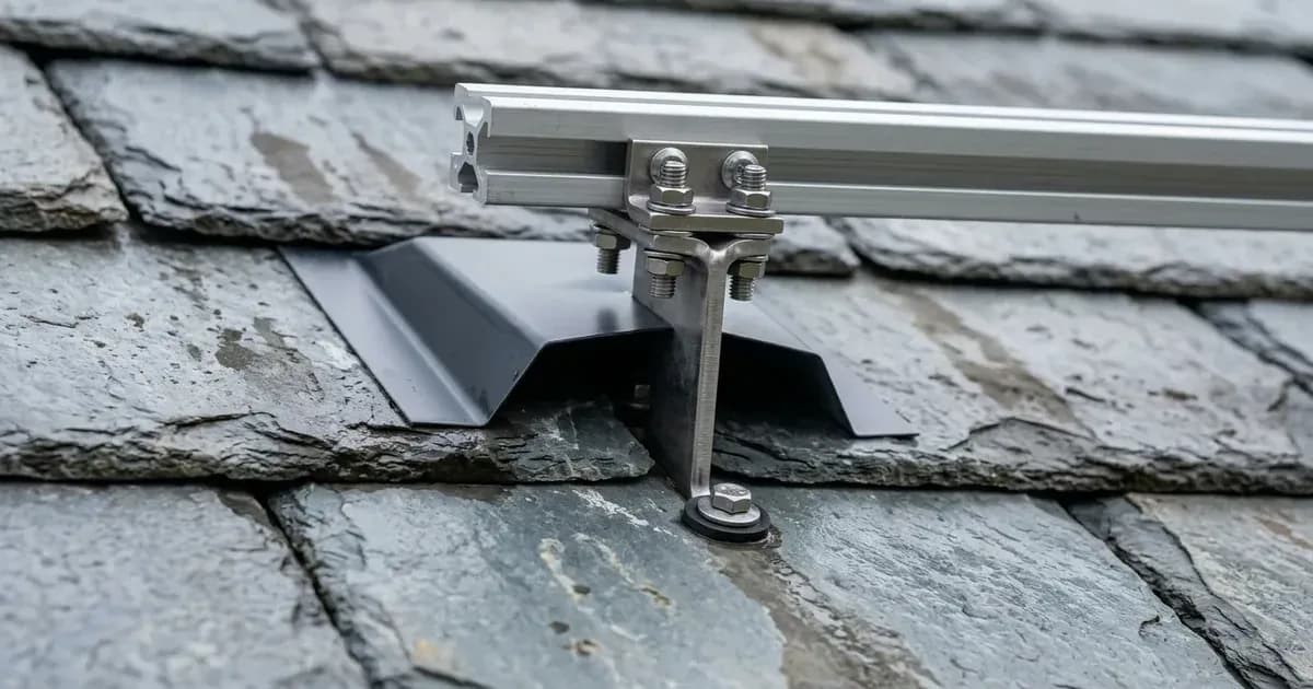 Close-up of a stainless steel solar roof bracket and weatherproofing flashing installed on a slate roof. — SolarNevs spec card