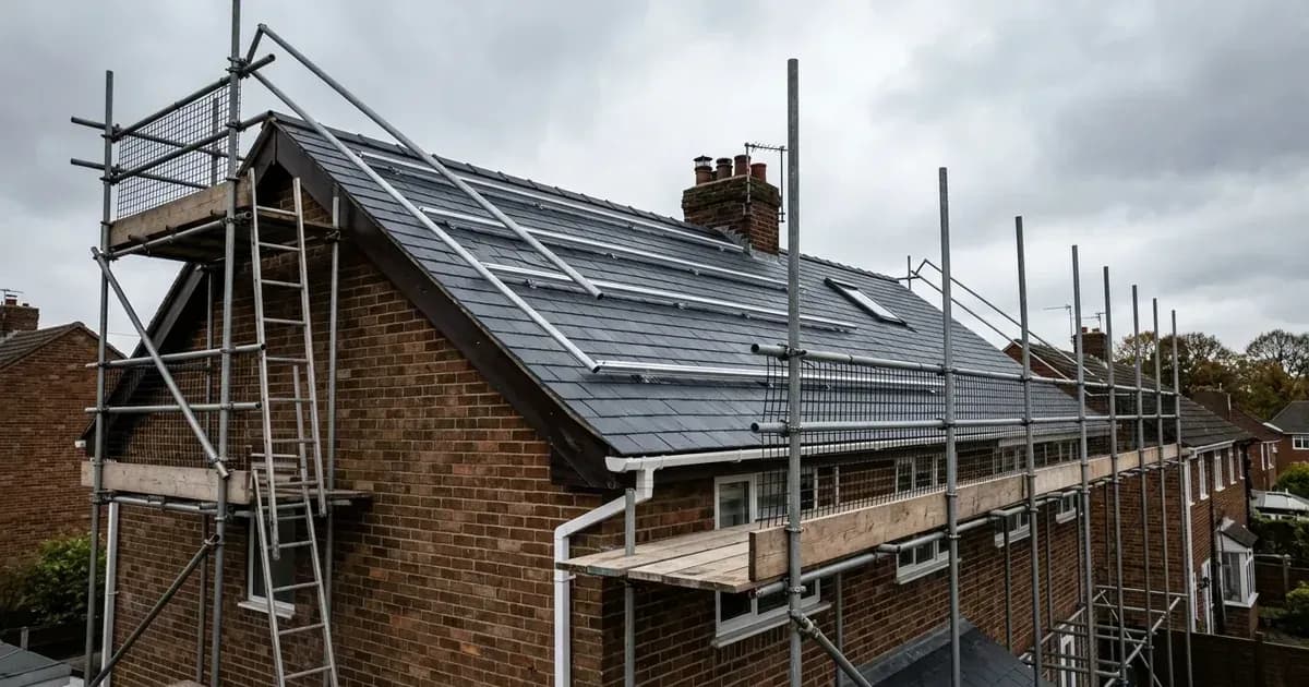 Tubular steel scaffolding and edge-protection handrails erected along the roof of a British home. — SolarNevs spec card