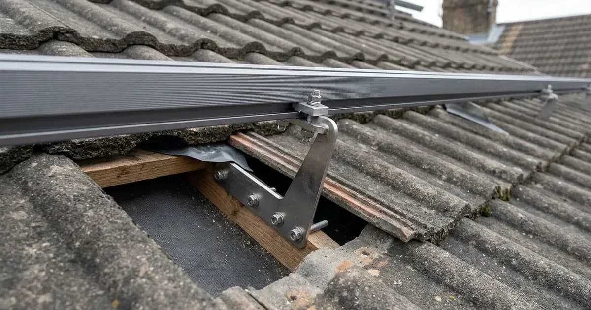 Close-up of stainless steel solar roof hook and aluminium rail installed on a tiled British roof. — SolarNevs spec card