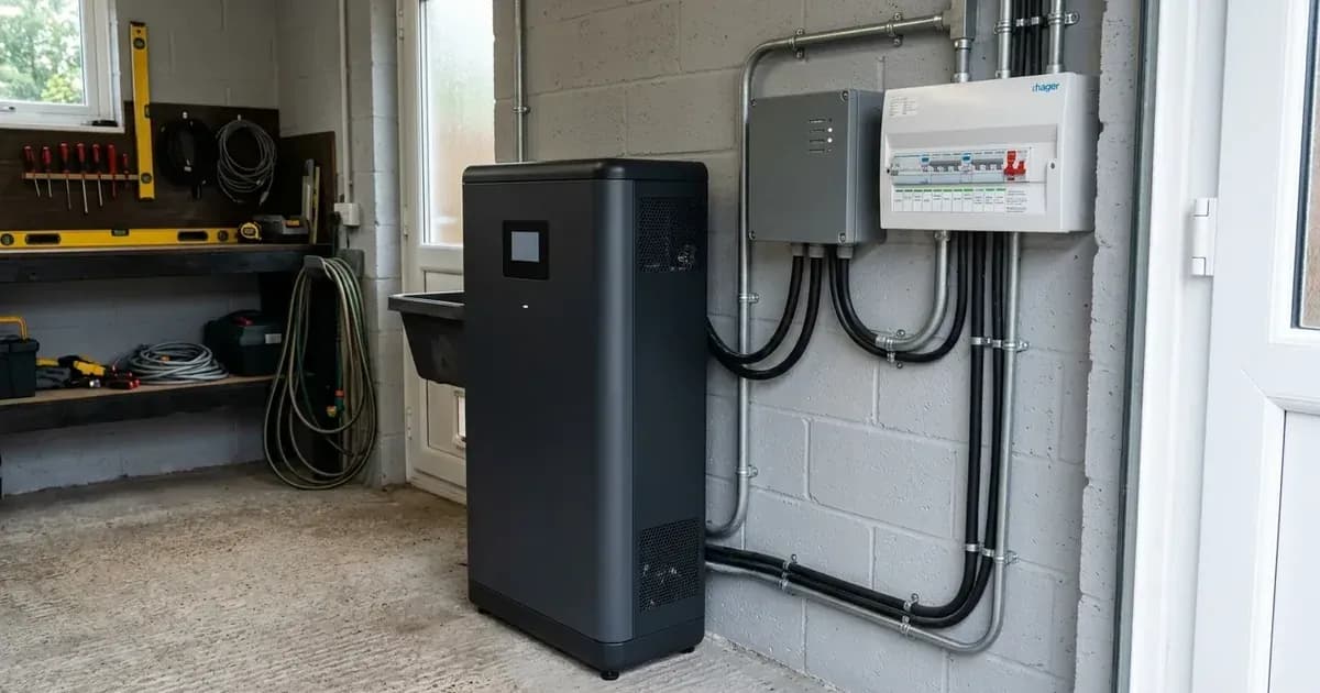 Floor-standing domestic battery backup system with gateway switch installed in a garage. — SolarNevs spec card
