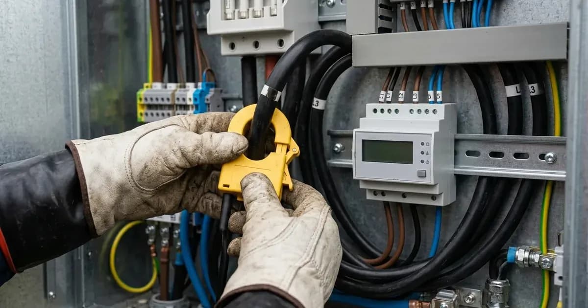 Engineer installing a CT clamp on incoming power cables inside an electrical service cupboard. — SolarNevs spec card