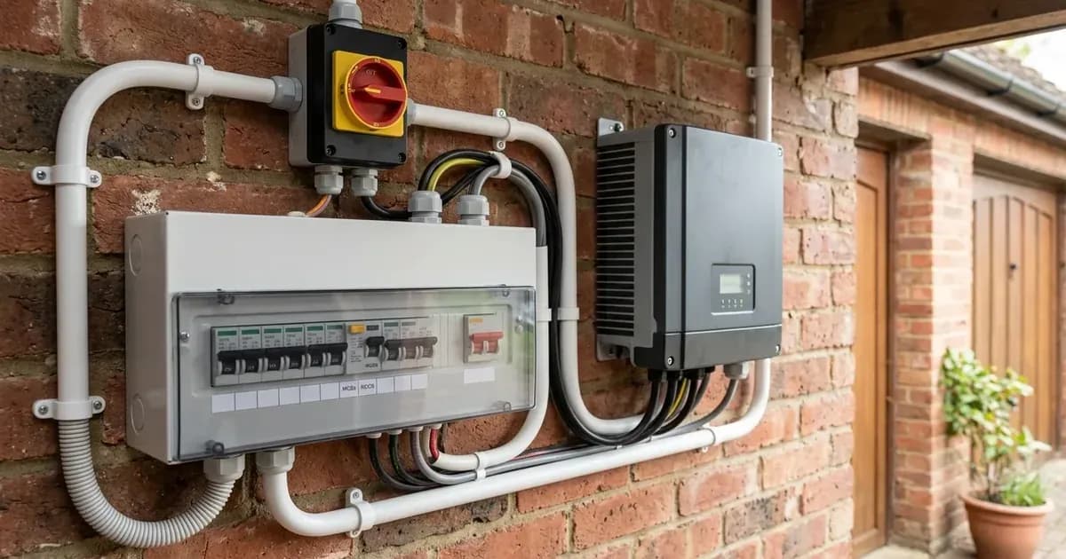 Domestic consumer unit with RCD switches and an AC isolator wired to a residential solar inverter. — SolarNevs spec card