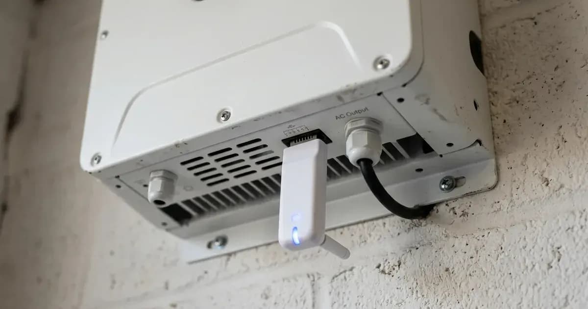 Wireless monitoring dongle with solid blue status LED connected to the underside of a solar inverter. — SolarNevs spec card