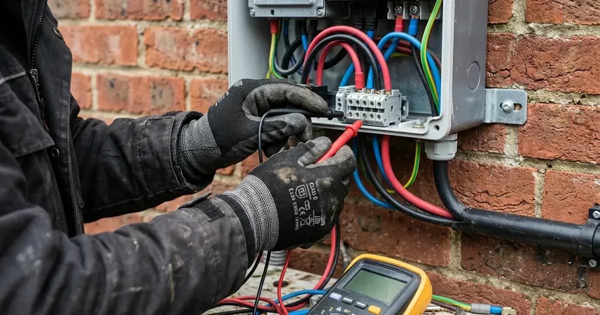 Electrician measuring AC grid voltage at residential solar inverter terminals using multimeter probes. — SolarNevs spec card