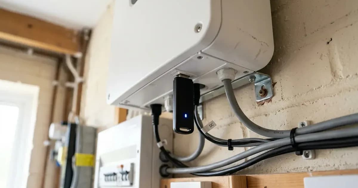 USB wireless data logger with blue status LED plugged into the bottom of a solar inverter. — SolarNevs spec card
