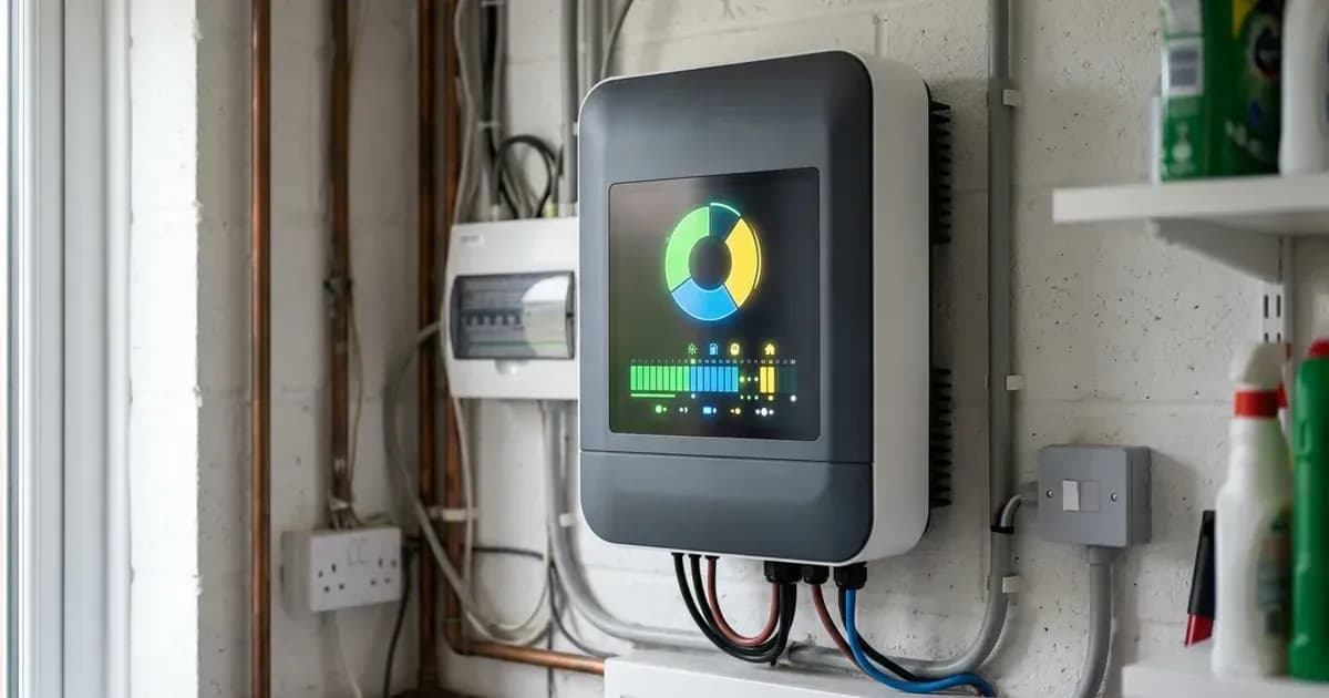 Wall-mounted residential hybrid inverter display with graphical power schedule in a British home utility room. — SolarNevs spec card