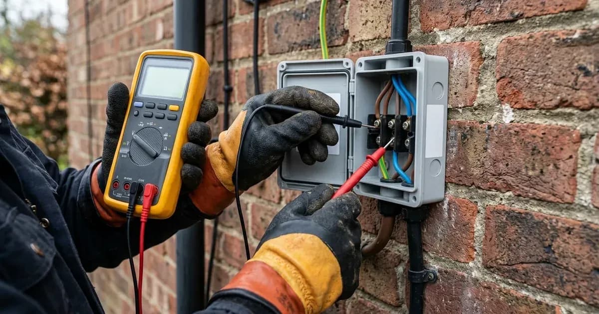Electrician measuring AC line voltage with a digital multimeter at a solar isolator box on a UK brick wall. — SolarNevs spec card