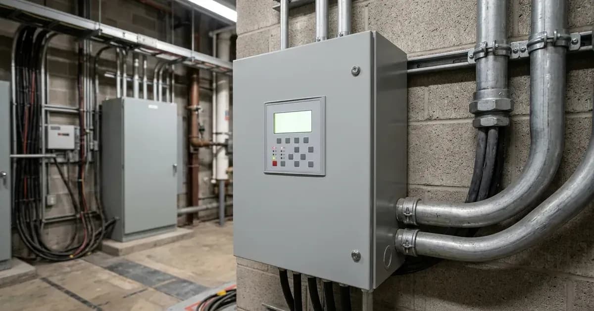 Wall-mounted electrical protection relay panel with digital display in a commercial solar switchroom. — SolarNevs spec card